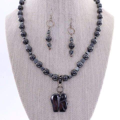 Hematite Necklace and Earring Set with Elephant