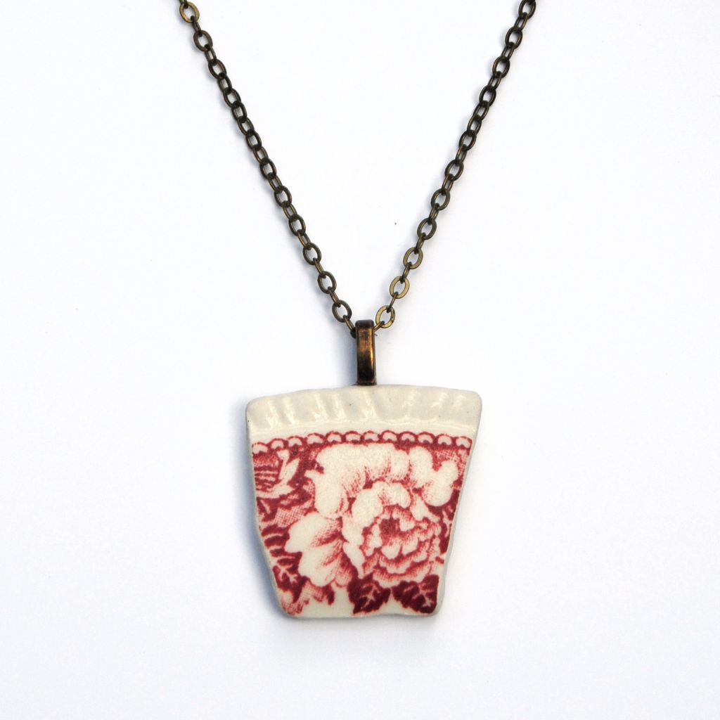 Red Floral Upcycled Ceramic Necklace