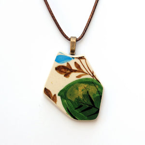 Green & Brown Leaf Upcycled Ceramic Pendant Necklace