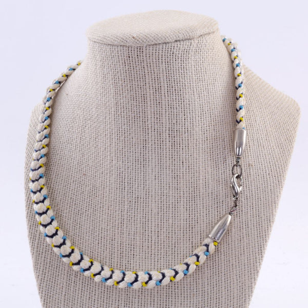 Kumihimo Braided Necklace Natural with Blue and Yellow Beads