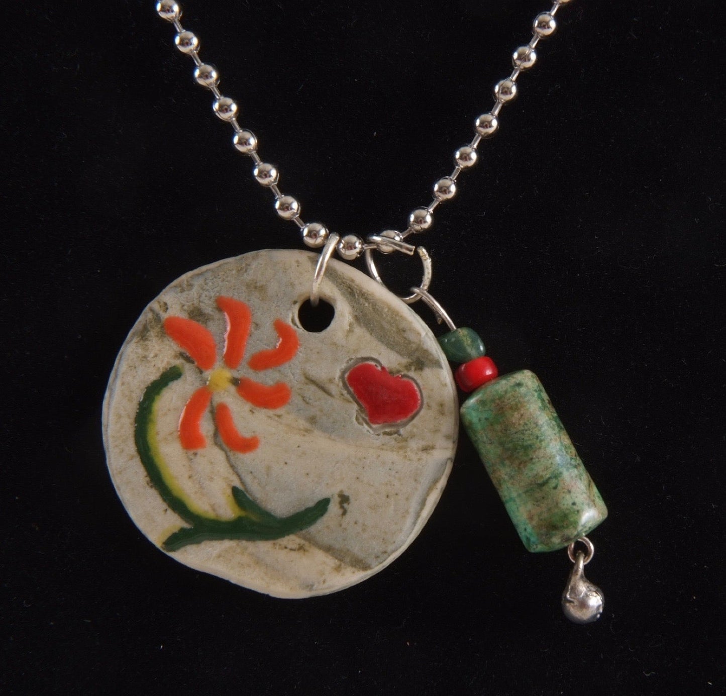 Orange Flower & Heart Ceramic Pendant Necklace