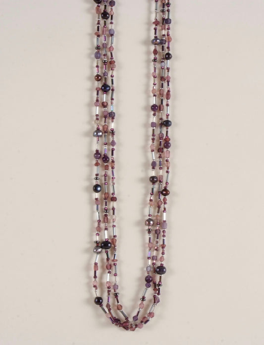 Purple & Pearl Multi Strand Beaded Necklace