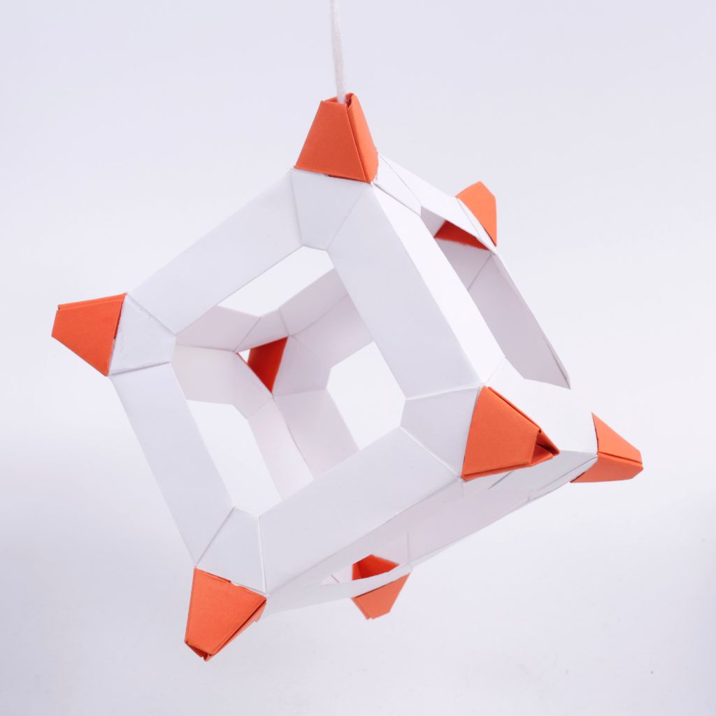 White Orange Polyhedral Origami Sculpture Hanging