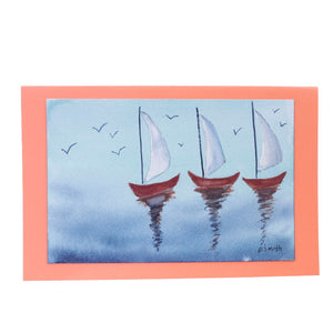 Three Red Boats Original Watercolor Greeting Card