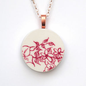 Red & White Floral Upcycled Ceramic Necklace
