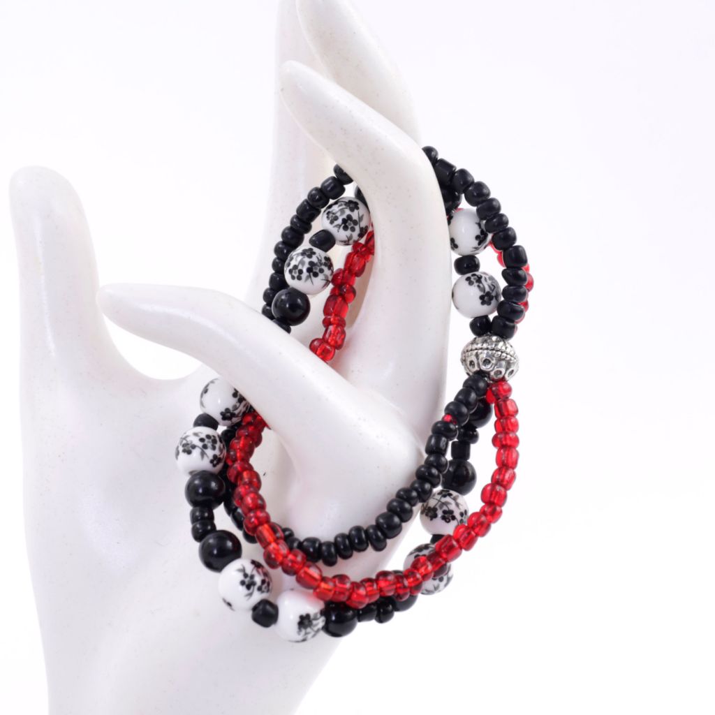 Black, White & Red 3 Strand Beaded Bracelet