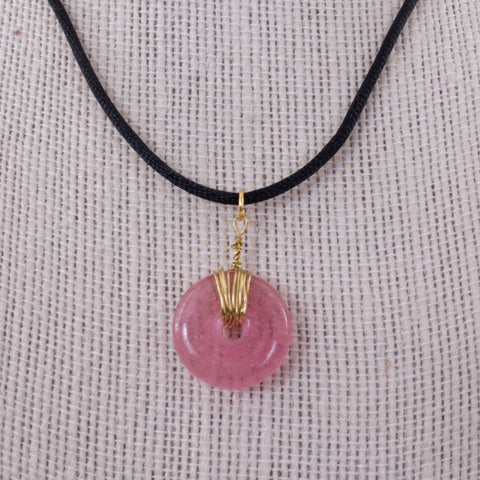 Pink Glass Bead Necklace with Black Silk Cord