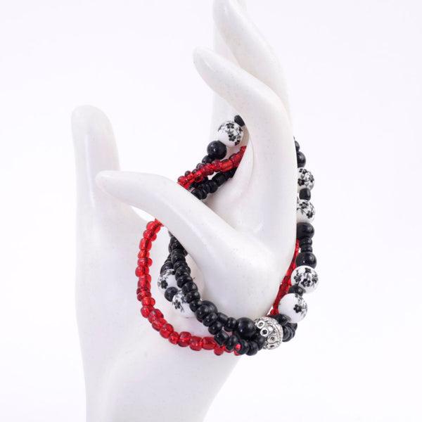 Black, White & Red 3 Strand Beaded Bracelet