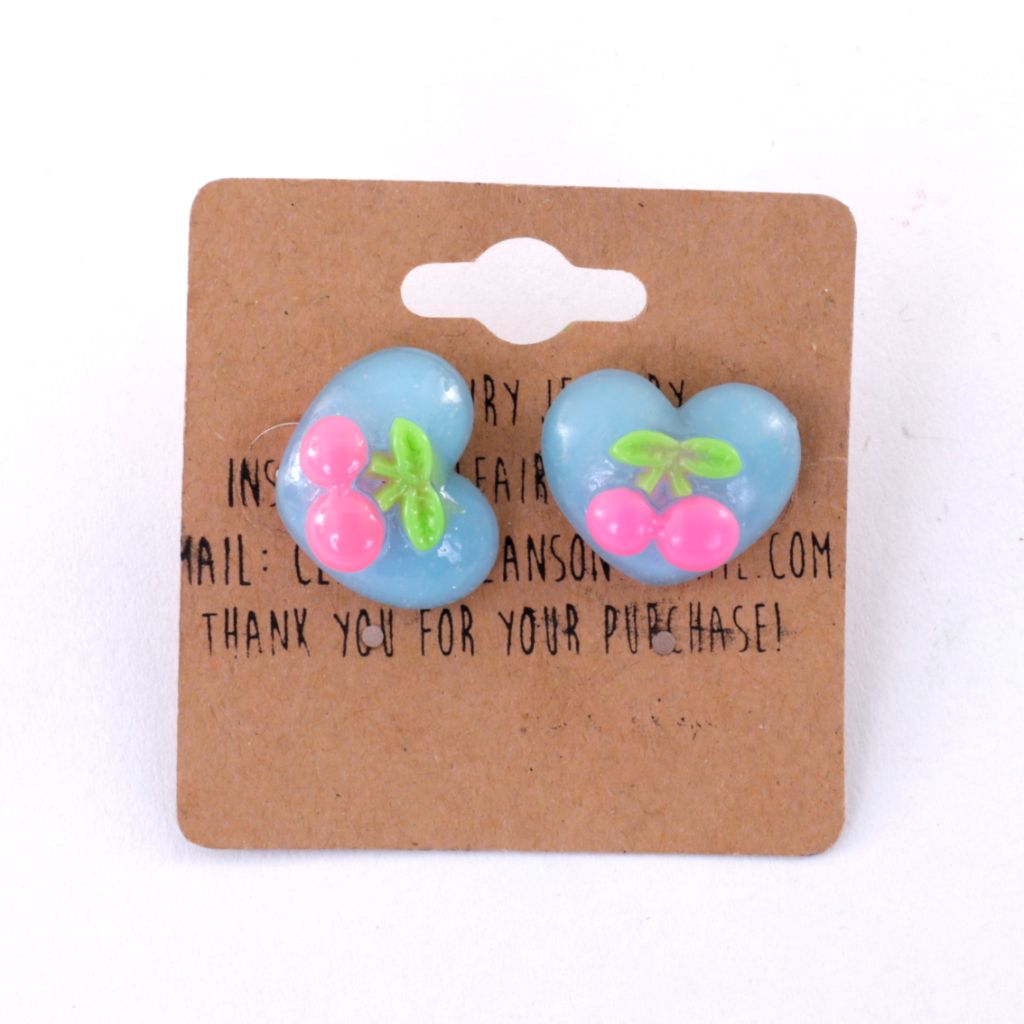 Blue Heart with Cherries - Stud Earrings