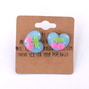 Blue Heart with Cherries - Stud Earrings