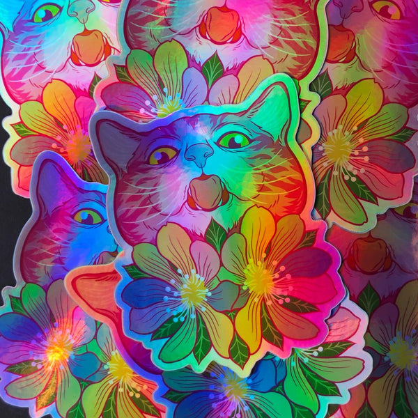 Sapphic Flowers Kitty - Holographic Sticker