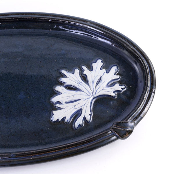 Michigan Blue Oval Ceramic Platter w White Leaf