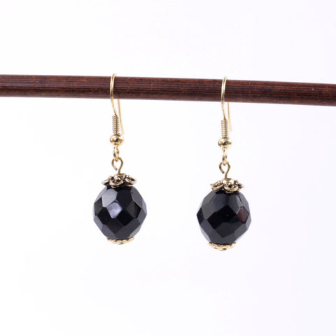 Czech Faceted Glass Black Bead Earrings with Gold Findings