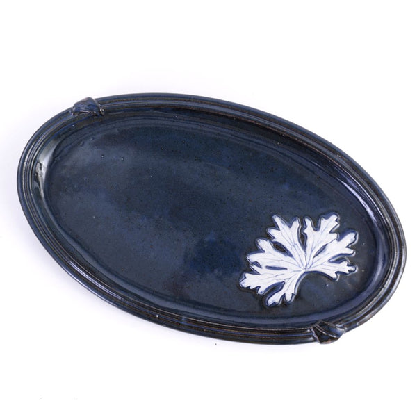 Michigan Blue Oval Ceramic Platter w White Leaf