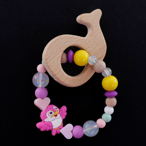 Beaded Silicone Teething Ring - with Whale and Pink Bird