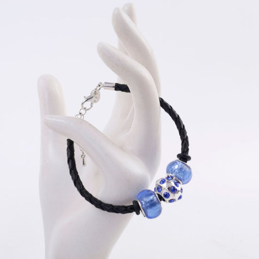 Blue Lampworked Glass Silver Braided Leather Bracelet