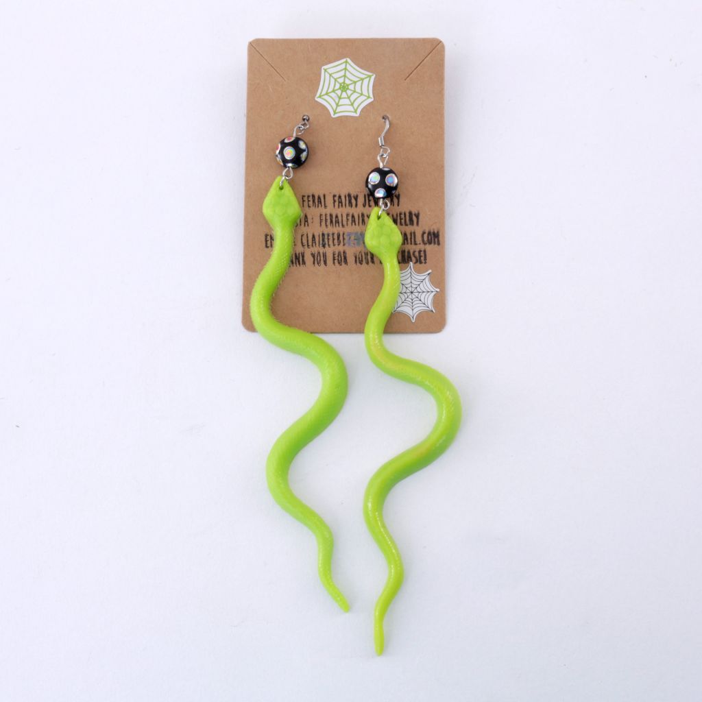 Feral Fairy Extra Long Green Snakes - Novelty Toy Earrings