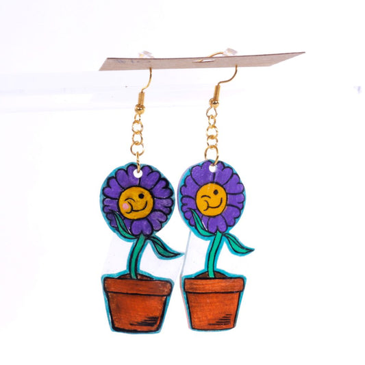 Winking Daisy Shrinky Dink Dangle Earrings