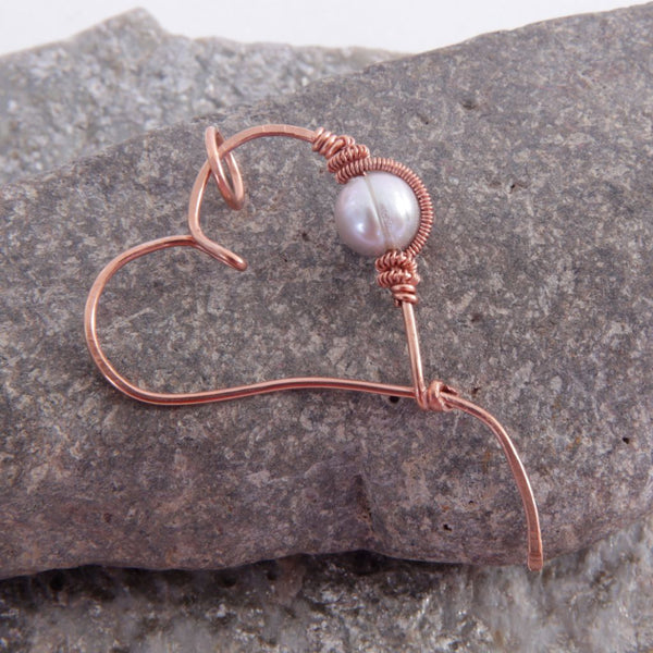 Copper and Pearl Wire Wrapped Heart Pendant