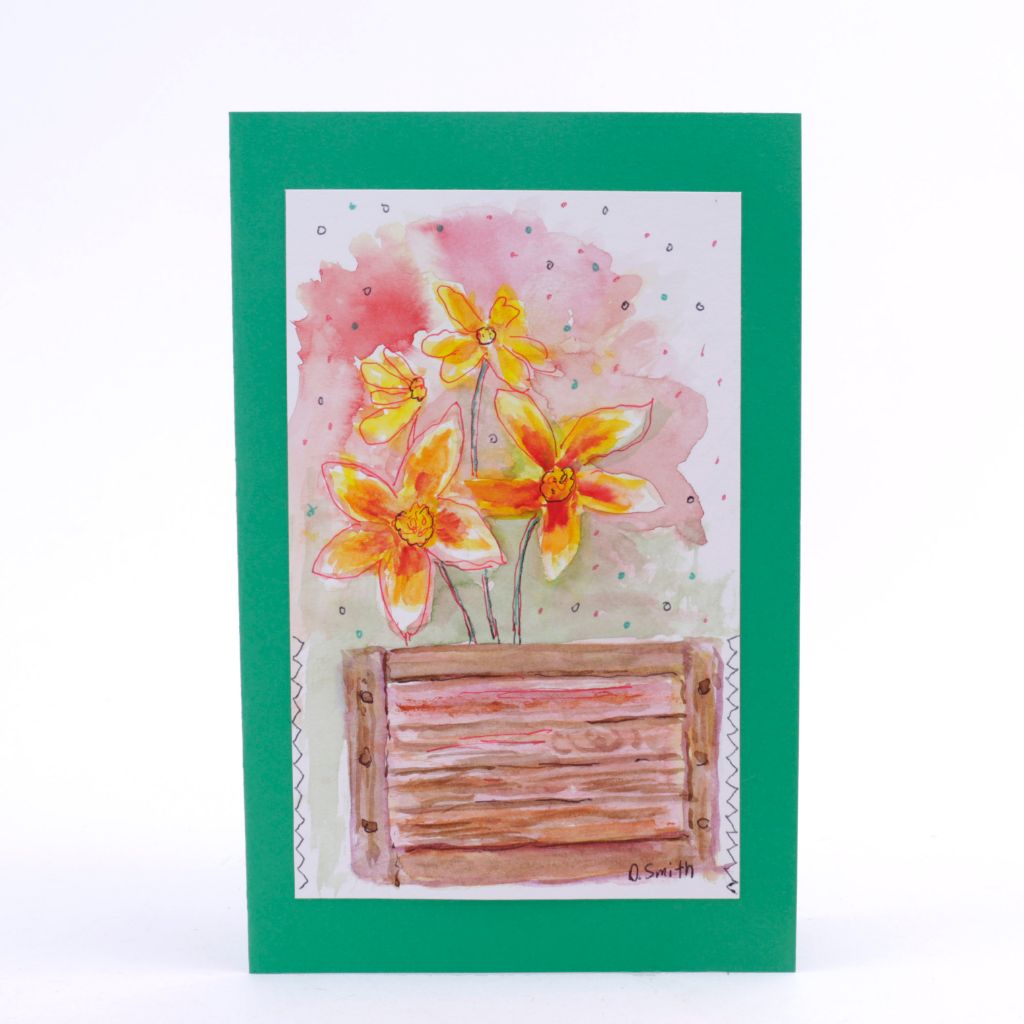 Flowers in Wooden Planter Original Watercolor & Pen Card