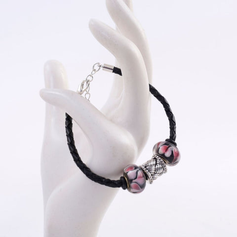Pink Lampworked Glass Silver Braided Leather Bracelet