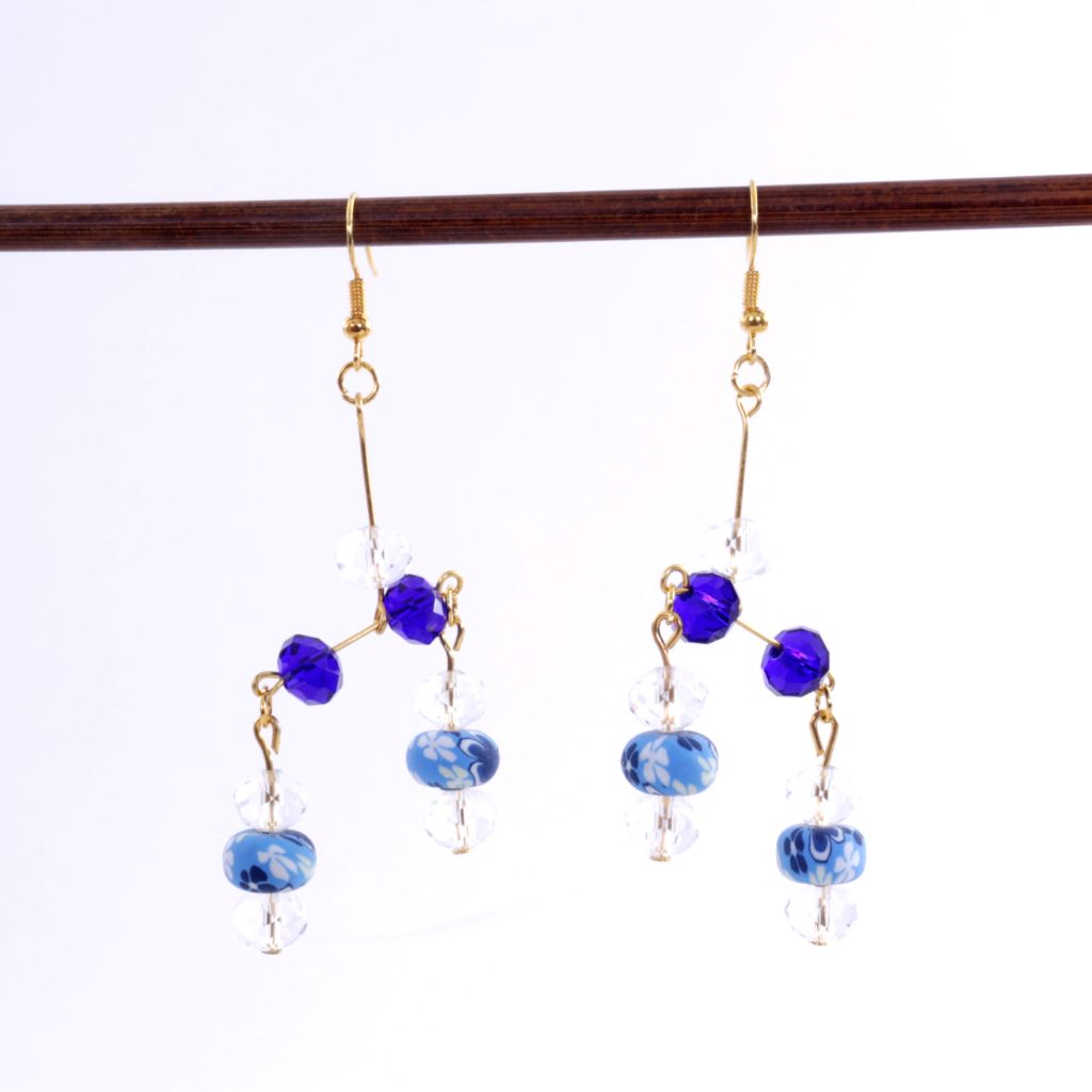 Abstract Bead Earrings Blue & Crystal Dangles