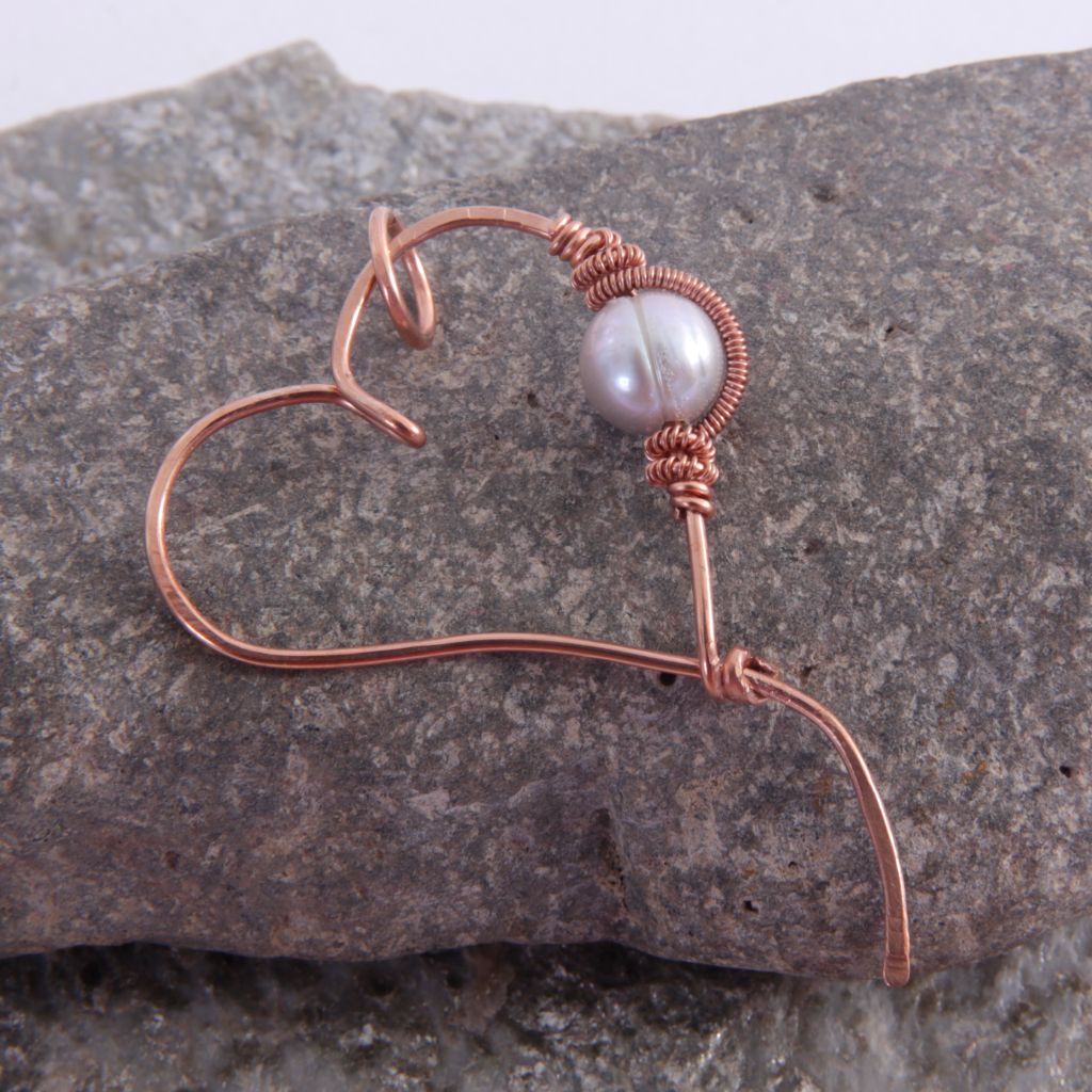 Copper and Pearl Wire Wrapped Heart Pendant