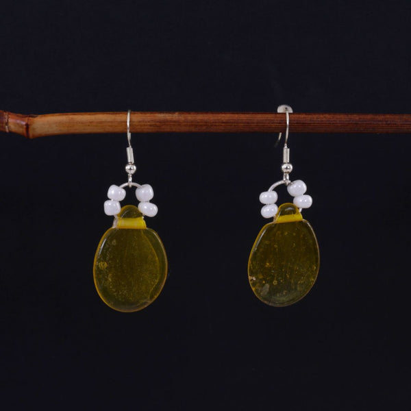Yellow Glass Dangle Earrings with White Beads