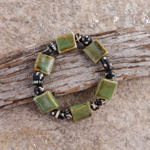 Brown and Green Geometric Seed Bead Cuff Bracelet - Iris Elm Jewelry & Soap
