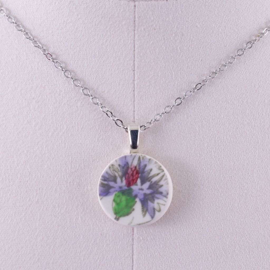 Upcycled Floral Ceramic Transferware Pendant Necklace