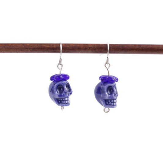 Blue Ceramic Skull Earrings