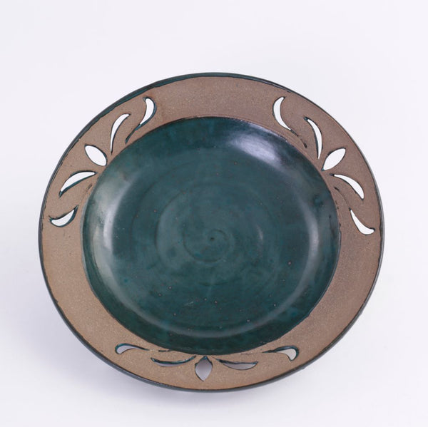 Large Turquoise Cutwork Pottery Bowl