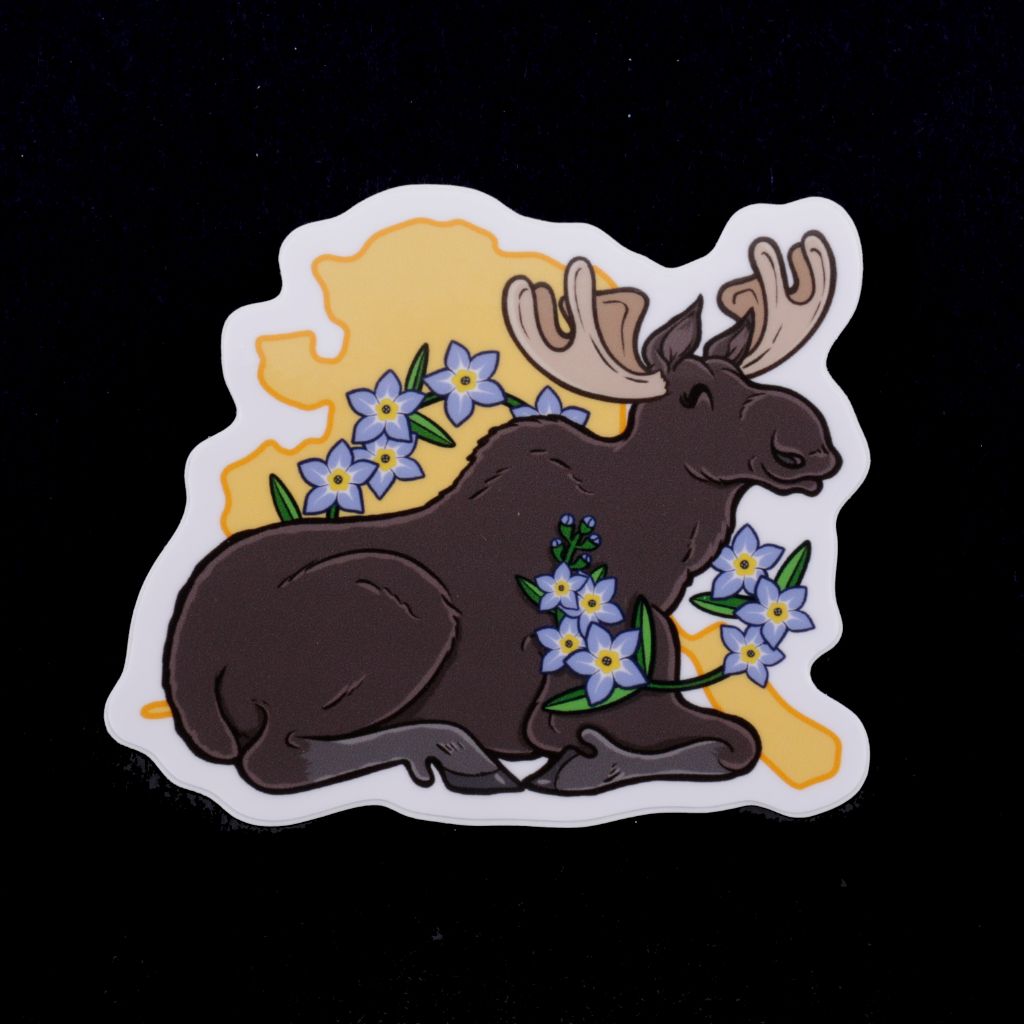 Alaska State Moose and Forget-Me-Nots Sticker