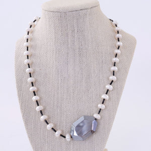 Pearl Necklace with Large Plum Faceted Glass Bead