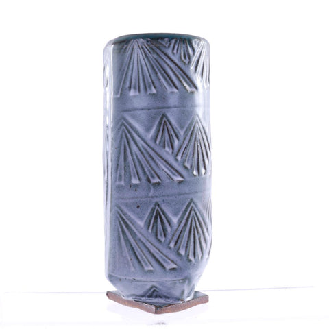 Tall Blue Ceramic Vase with Embossed Pattern