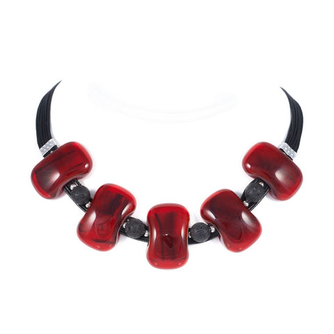 Red Glass, Lava Rock & Sterling Silver Necklace