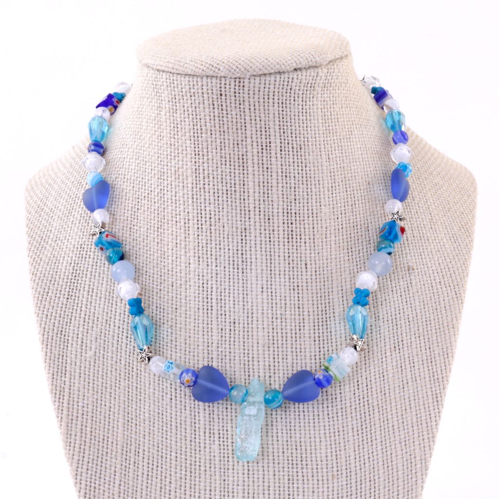 Blue Beaded Necklace with Hearts and Flowers