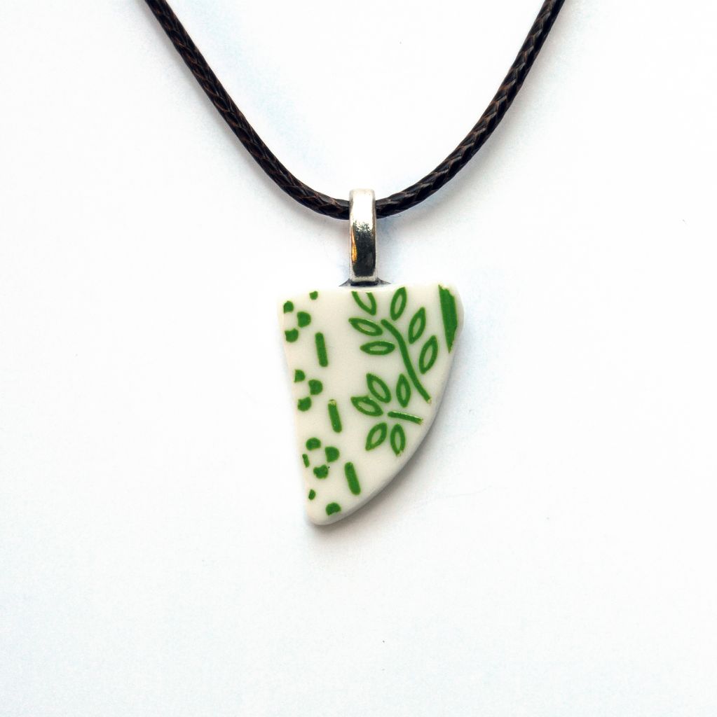 Green and White Upcycled Ceramic Necklace