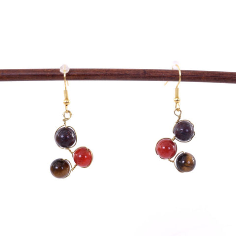 Glass Black, Red & Brown Beads on Gold Wire - Triangle Earrings