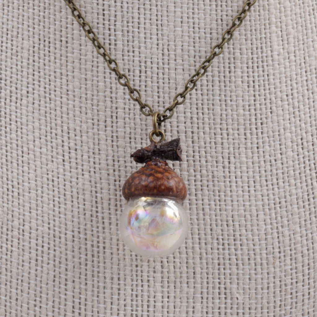 Real Acorn Cap & Dandelion Glass Dome Pendant