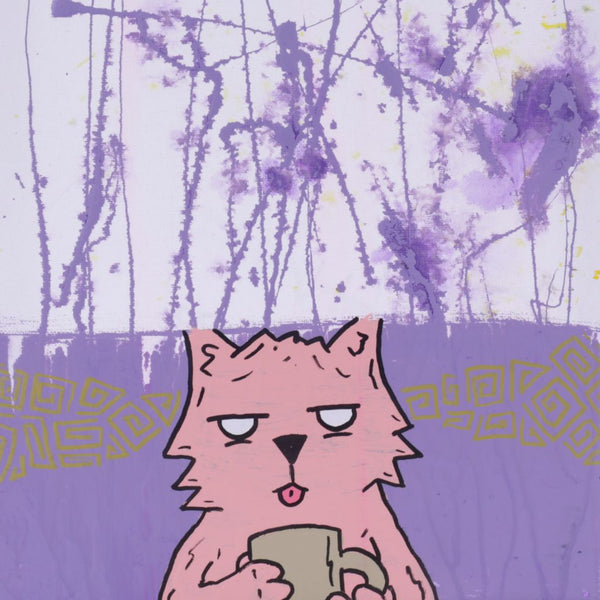 Whimsical Pink Cat Drinking Coffee Painting