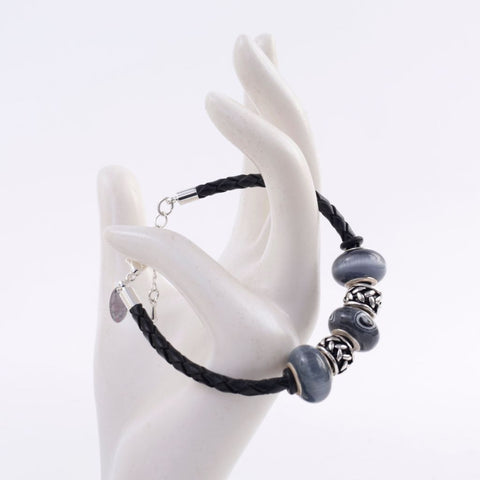 Grey Lampworked Glass Silver Braided Leather Bracelet