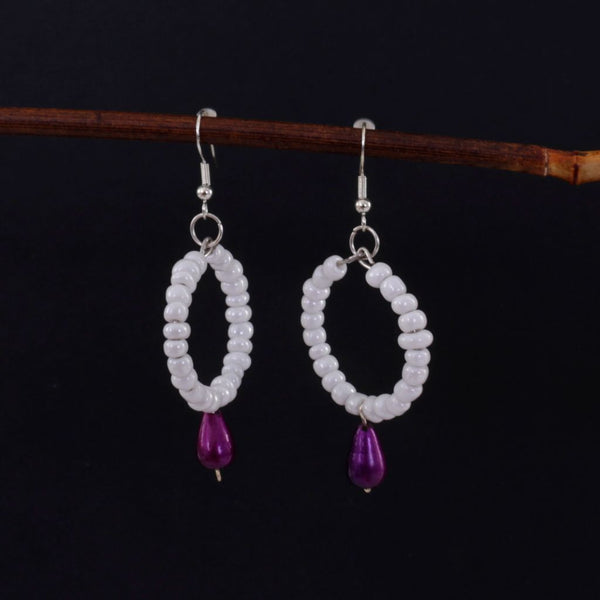 White Beaded Hoop Earrings with Purple Dangle Beads