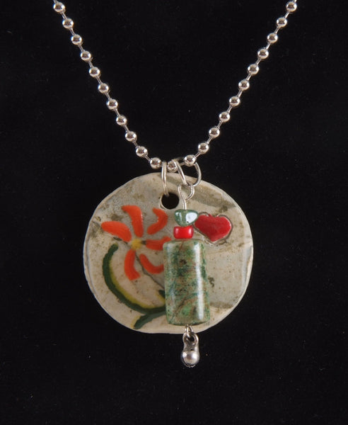 Orange Flower & Heart Ceramic Pendant Necklace