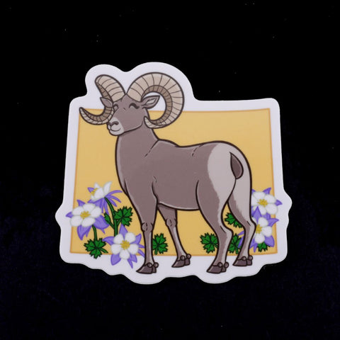 Rocky Mountain Bighorn Sheep and Colorado Blue Columbine flower Sticker