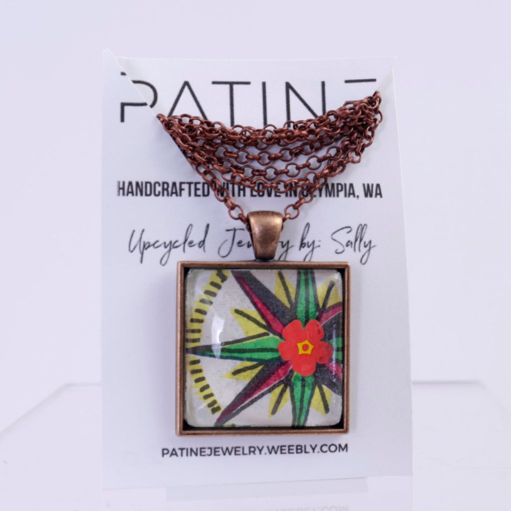 Colorful Paper Art Flower set in Copper Mount Pendant Necklace