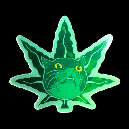 Hemp Leaf Cat Holographic Prism Vinyl Sticker