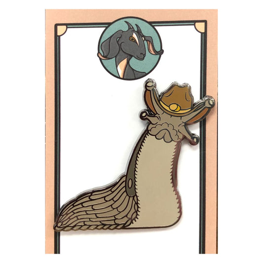 Slug wearing a cowboy hat enamel pin