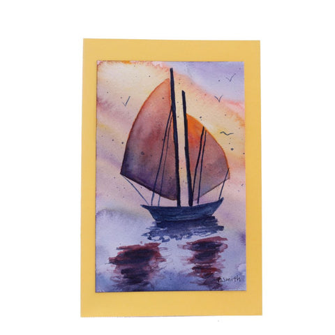 Sail by Orange Sunset Original Watercolor Greeting Card