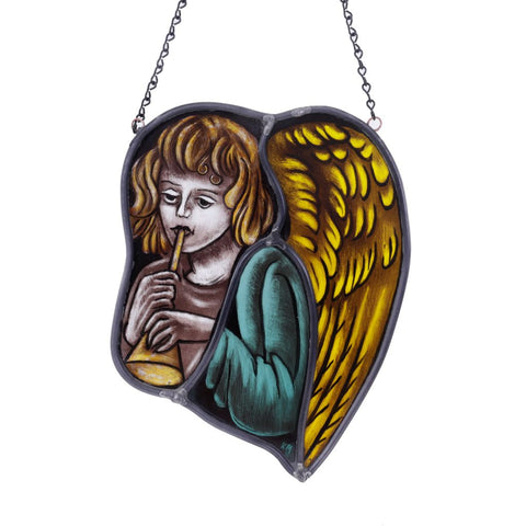 Angel Blowing Horn - Leaded & Painted Glass Window Hanging